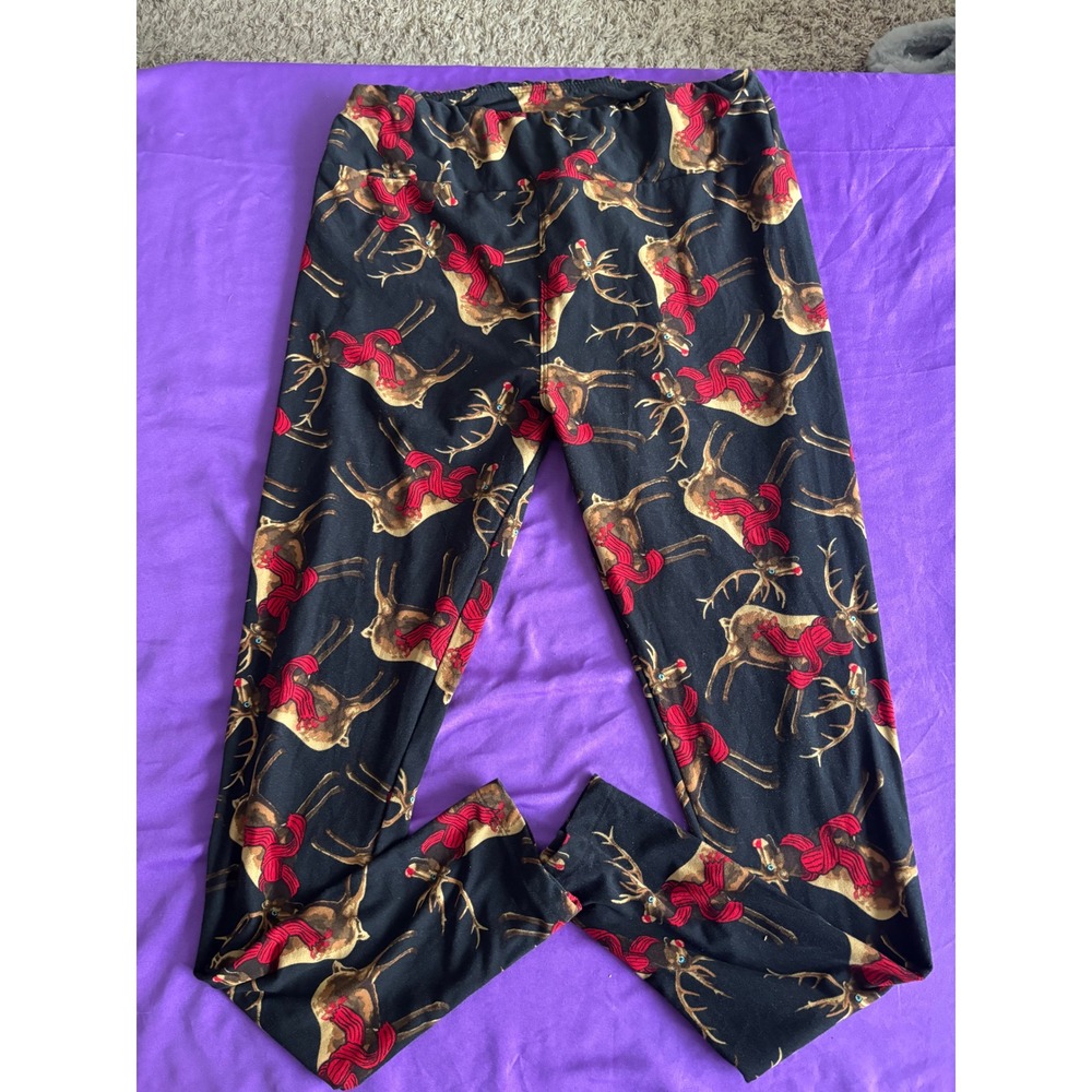 LuLaRoe Tall & Curvy Leggings Christmas Reindeer Red Scarf Black Holiday TC